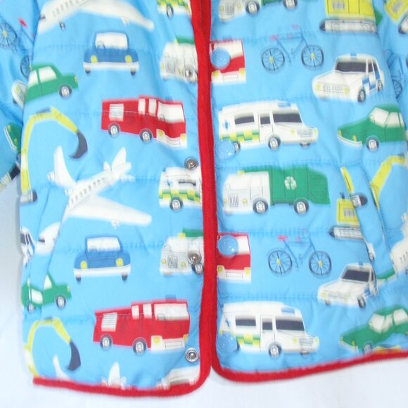 Mini Boden Blue Kids Puffer Jacket with Vehicle Print - Picture 2 of 12